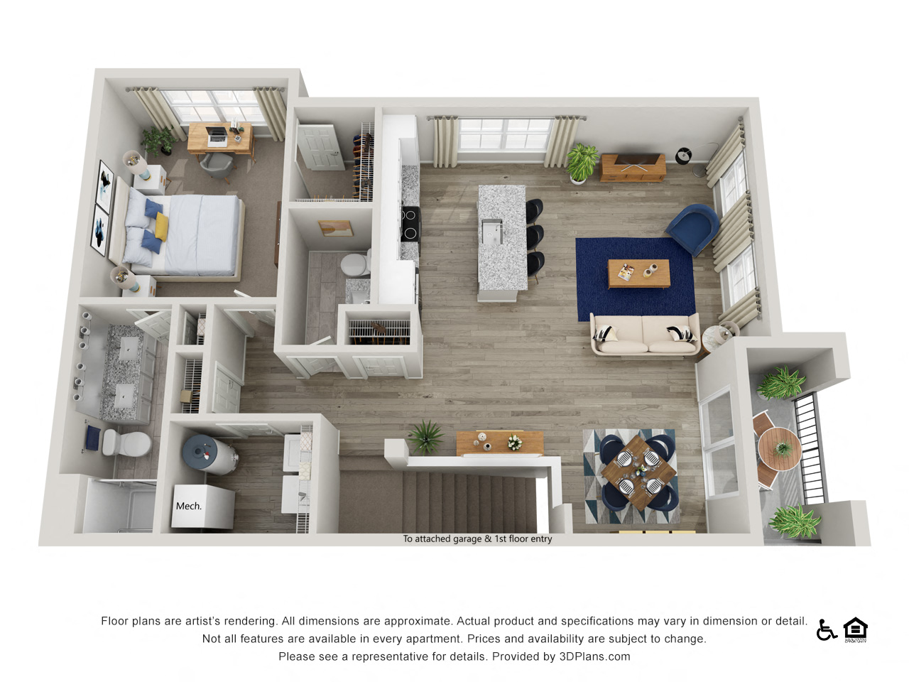 Floor plan for 1 bed, 1.5 baths, 1091 sqft